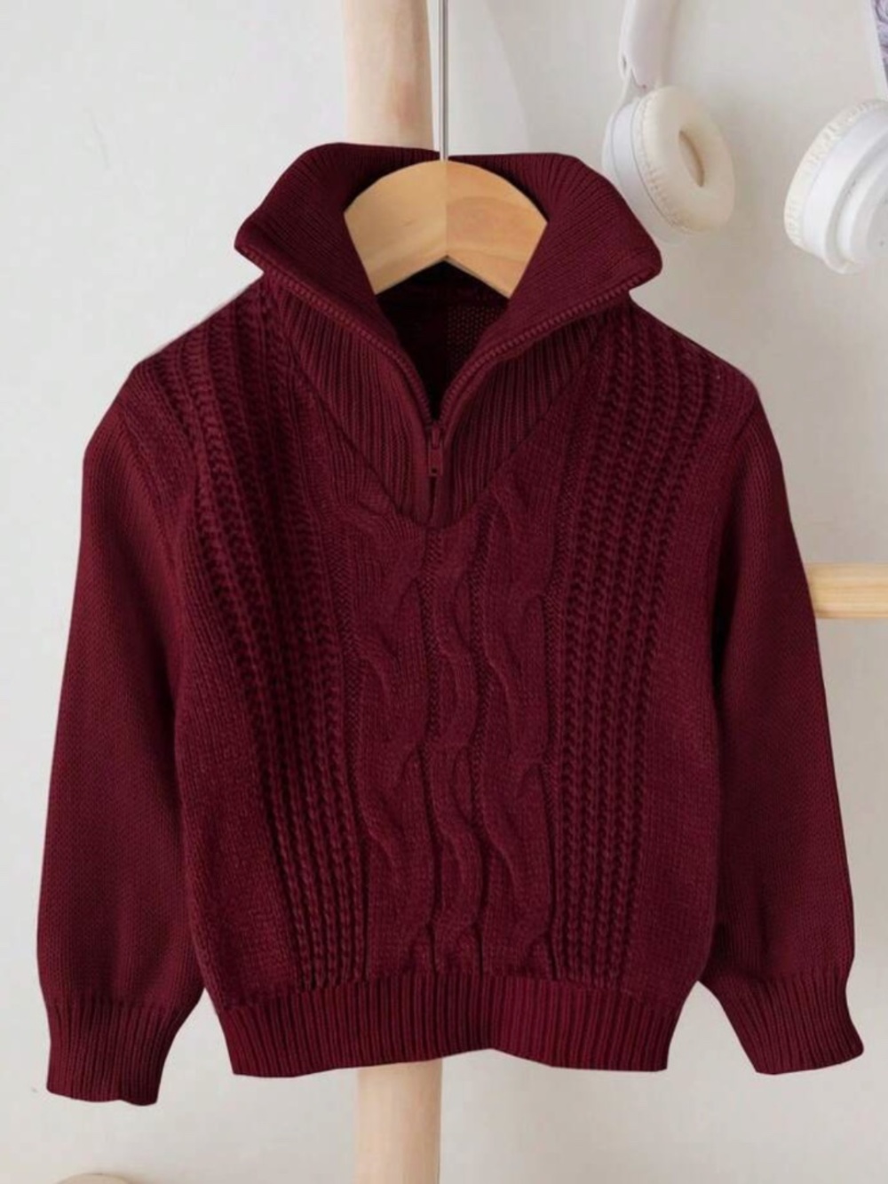 Baby Burgundy Cable Knit Quarter-Zip Sweater